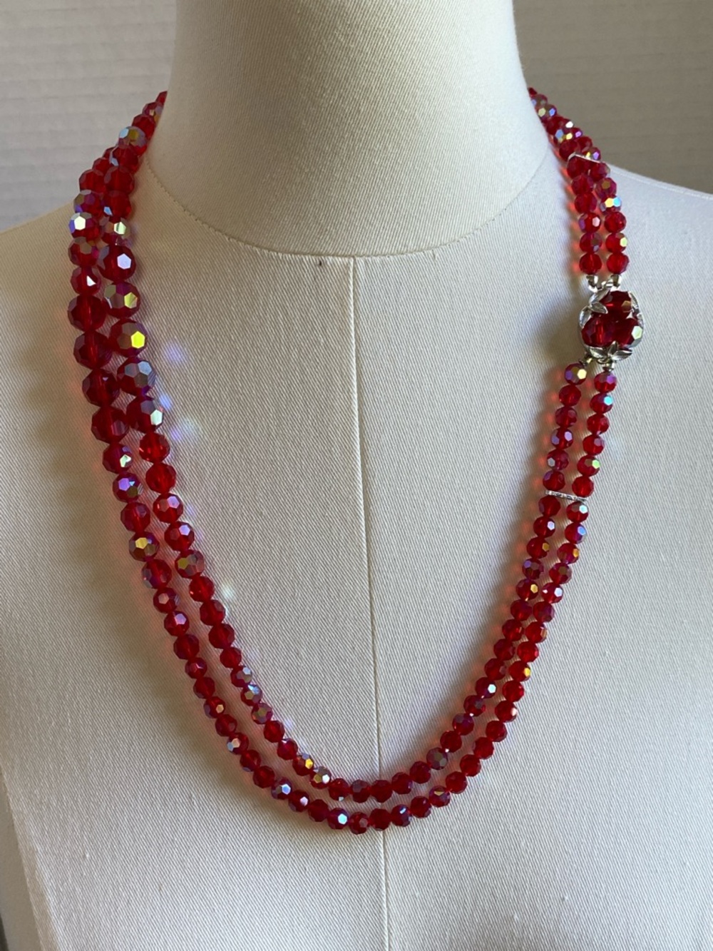 Vintage MCM Siam Red Aurora Borealis 2-Strand Graduated Necklace